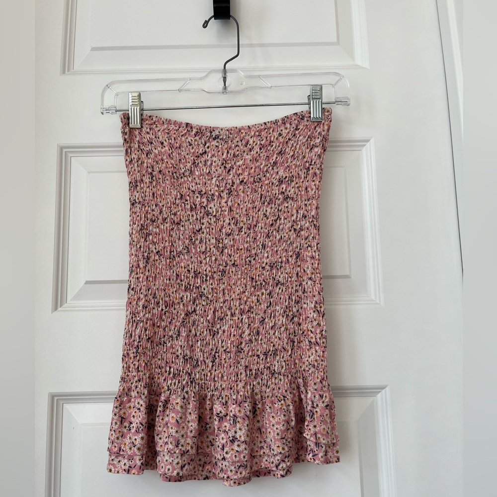 Light Pink Rouched Floral Mini Skirt